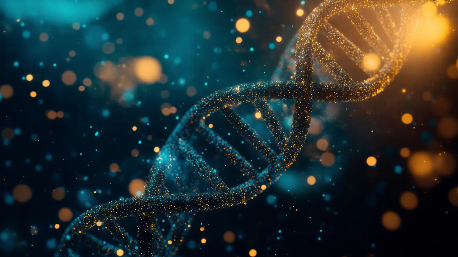 Doppelhelix-DNA mit türkis-orange leuchtenden Partikeln auf dunklem Hintergrund, abstrakte futuristische Komposition.