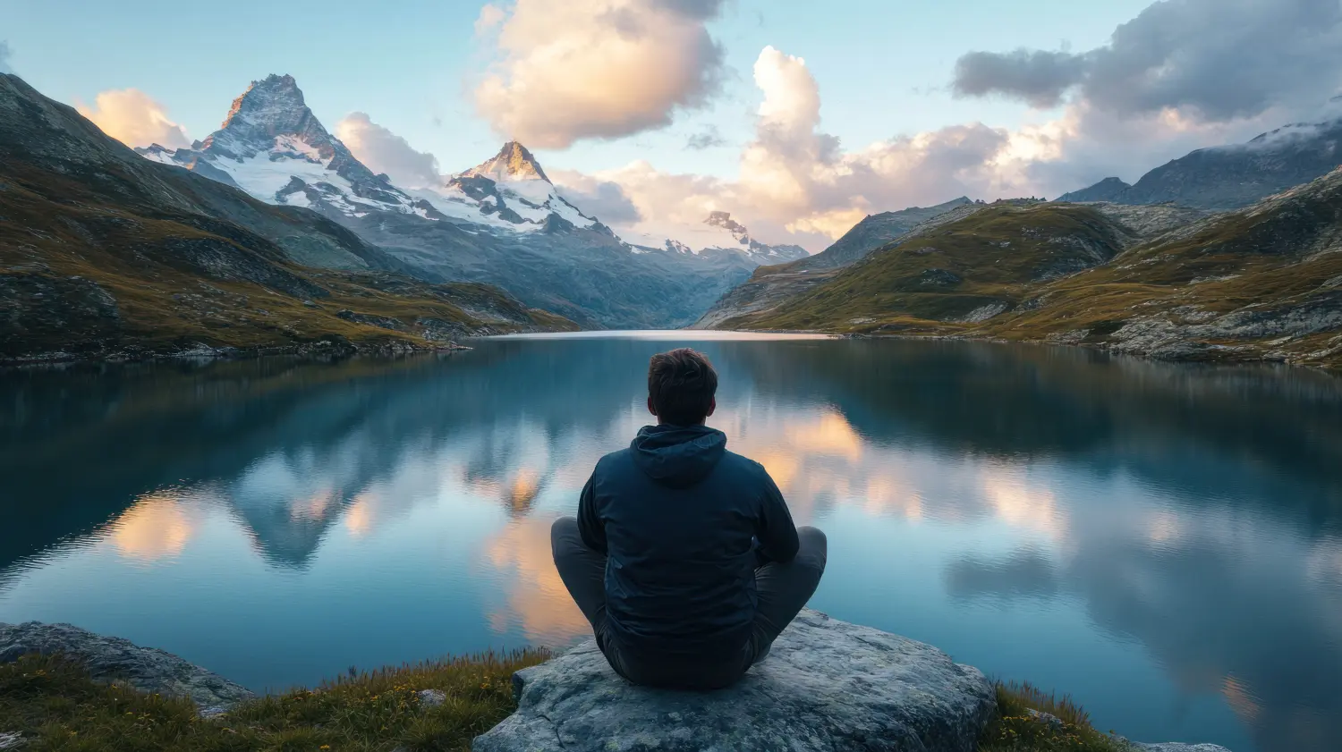 Ein Mann sitzt in meditativer Haltung auf einem Felsen an einem stillen See, mit schneebedeckten Bergen im Hintergrund und einem wunderschönen Sonnenaufgang. 